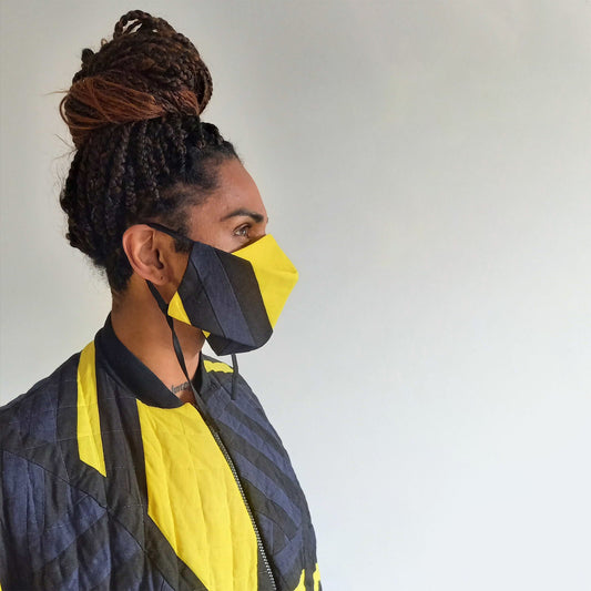 Man wearing The Costume Room Irish Linen Patchwork Origami Face Covering-mask-accessories