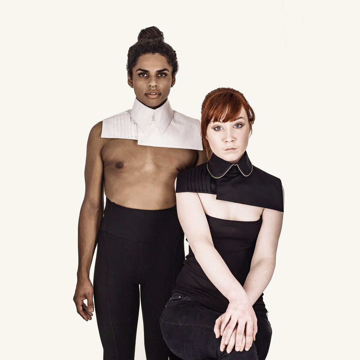 Man and woman wearing The Costume Room The Matthias J and The Sebastian monochrome linen collars