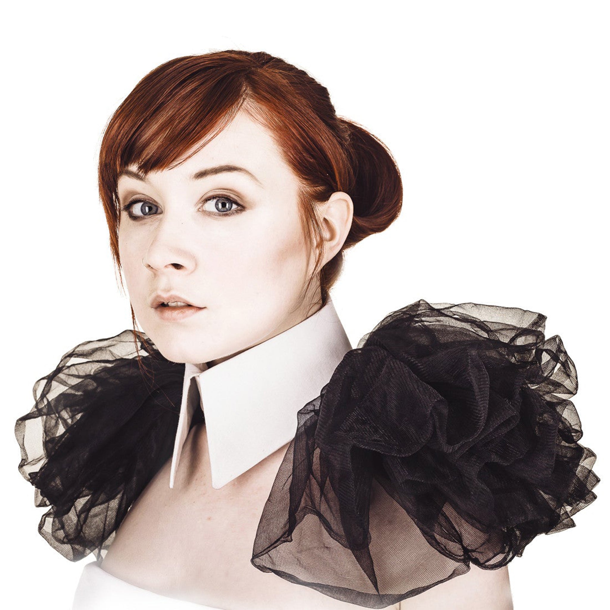 Woman wearing The Costume Room The Gabrielle collar has a white linen pointed collar and black tulle