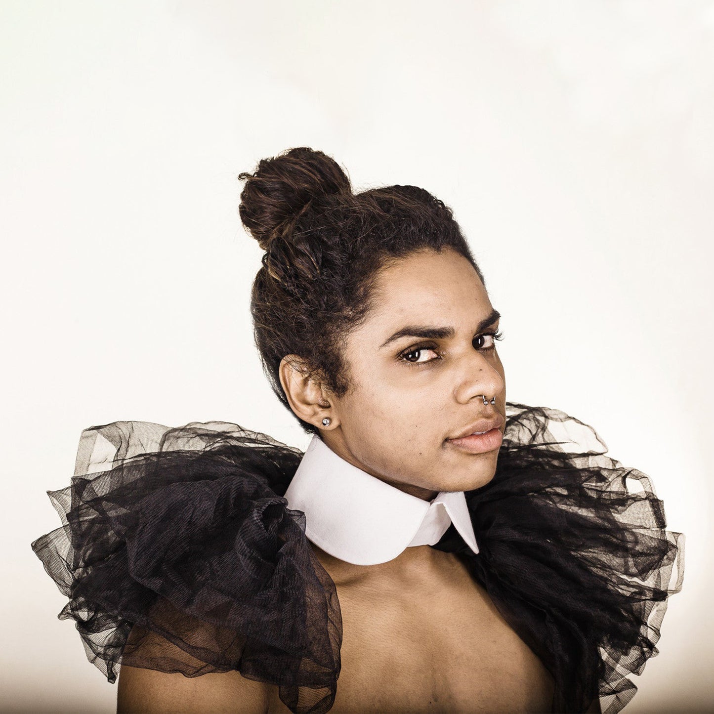 Man wearing The Costume Room The LouLou collar 100% Pure Irish Linen rounded collar with tulle