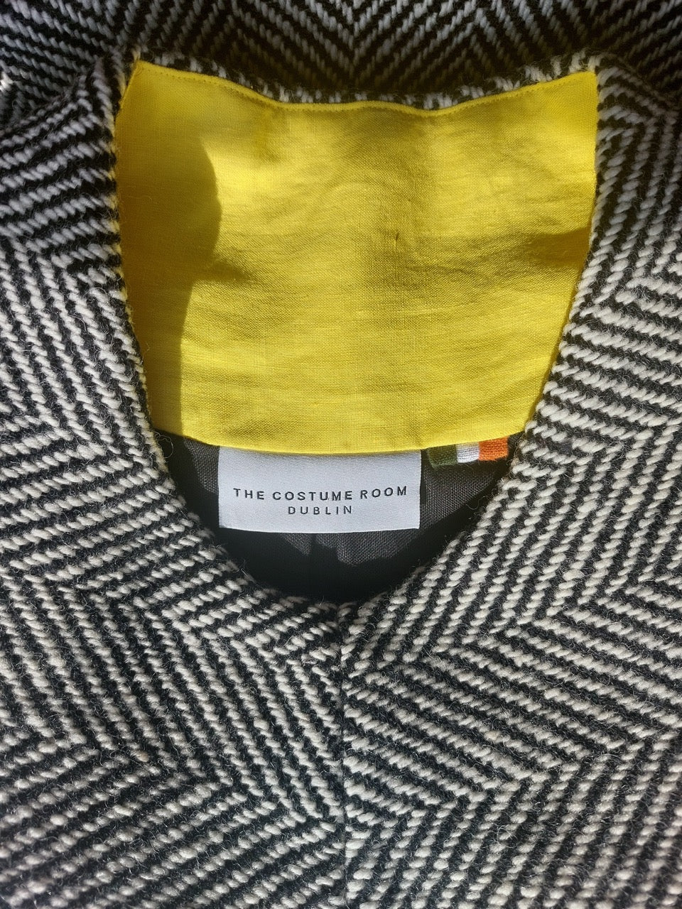 Handwoven Donegal tweed with 100% pure Irish linen detail and The Costume Room Dublin label.