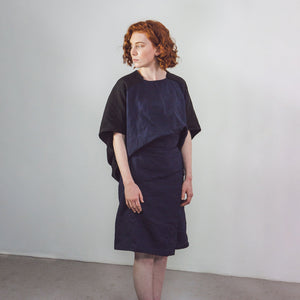 Woman wearing The Costume Room navy blue 100% Pure Irish Linen Asymmetric Skirt