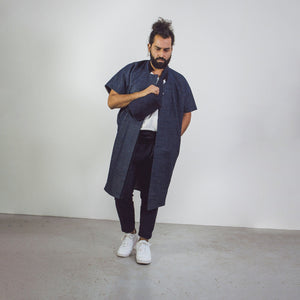 Man in The Costume Room navy Linen Asymmetric Trousers-pants
