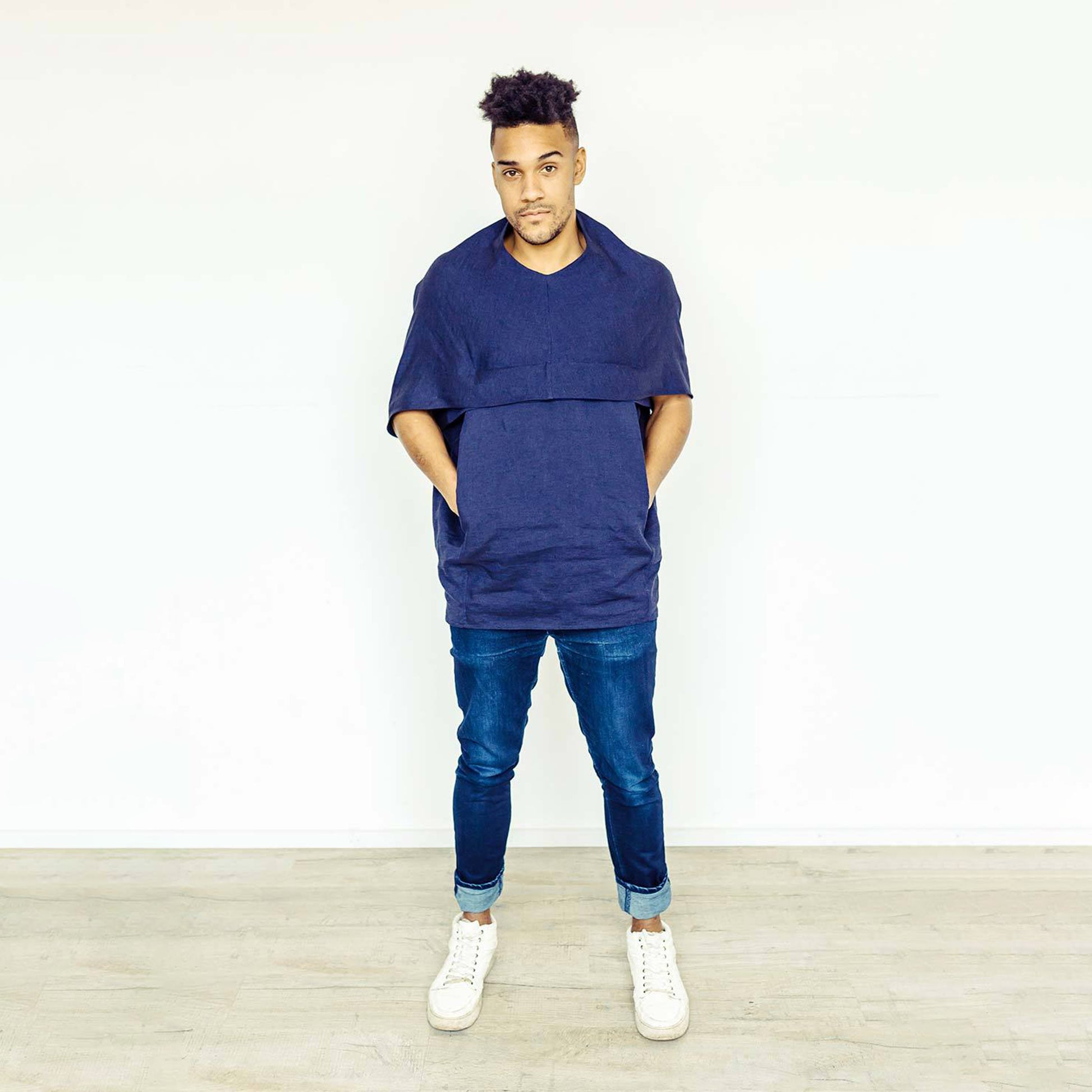 Man wearing The Costume Room navy blue 100% Pure Irish Linen Cocoon top with pockets