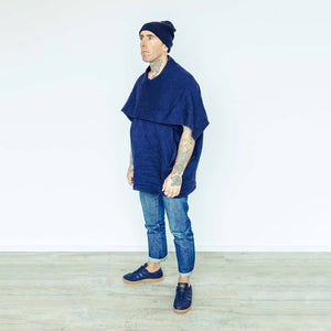 Man wearing The Costume Room navy blue 100% Pure Irish Linen Cocoon top with pockets