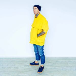 Man wearing The Costume Room sunshine yellow 100% Pure Irish Linen Cocoon top with pockets
