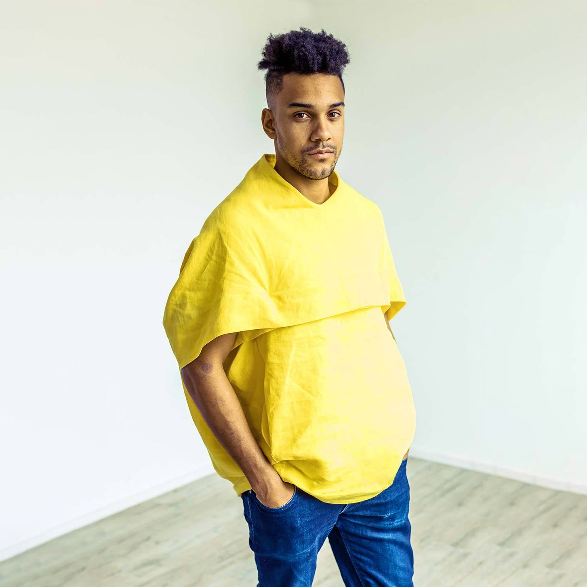 Man wearing The Costume Room sunshine yellow 100% Pure Irish Linen Cocoon top with pockets