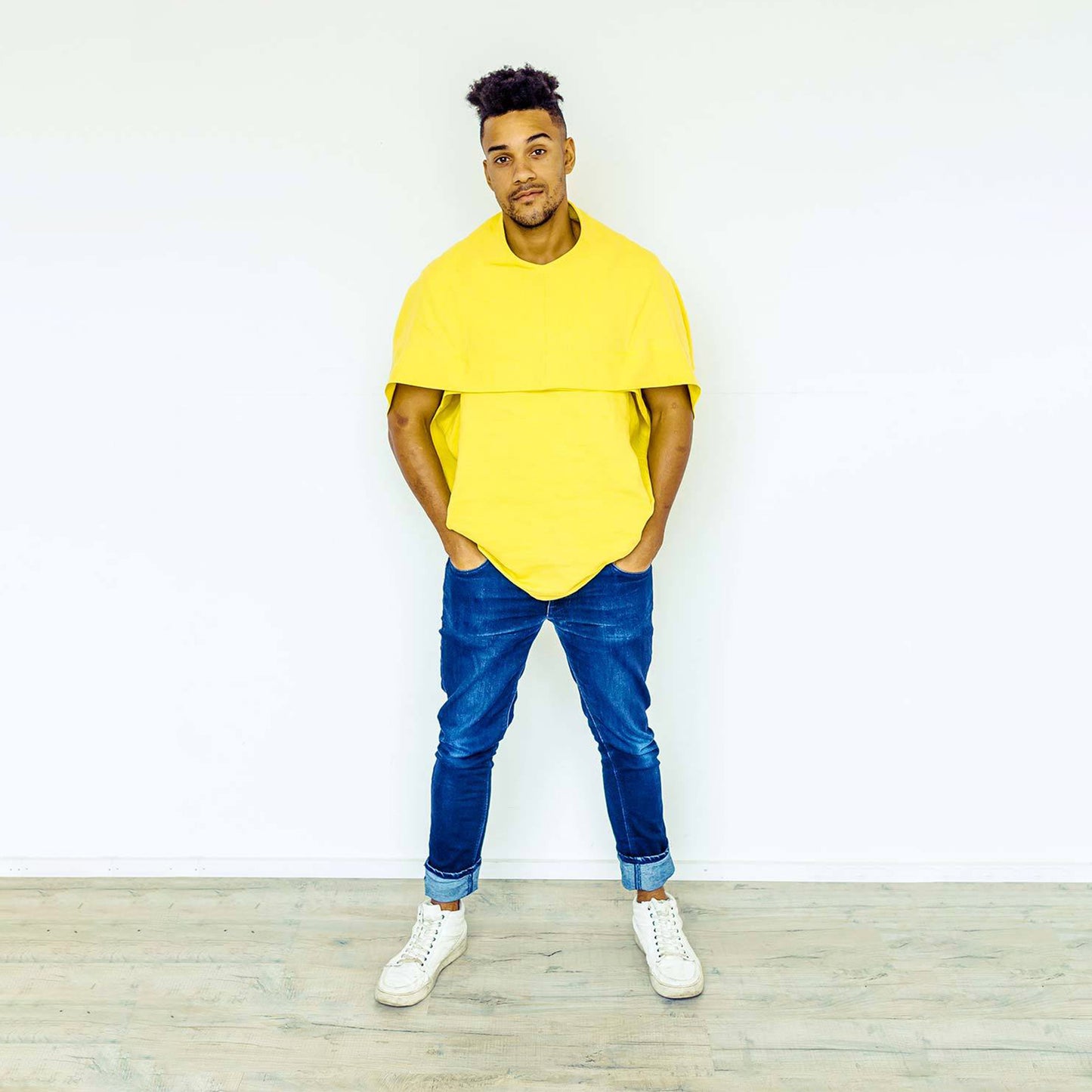 Man wearing The Costume Room sunshine yellow 100% Pure Irish Linen Cocoon top with pockets