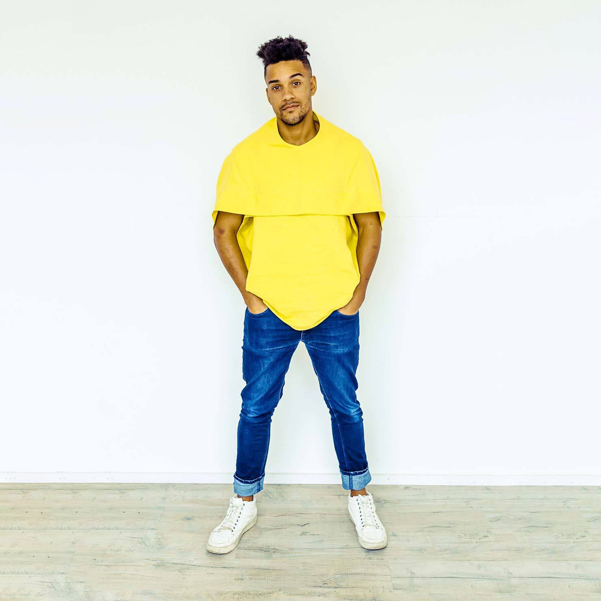 Man wearing The Costume Room sunshine yellow 100% Pure Irish Linen Cocoon top with pockets