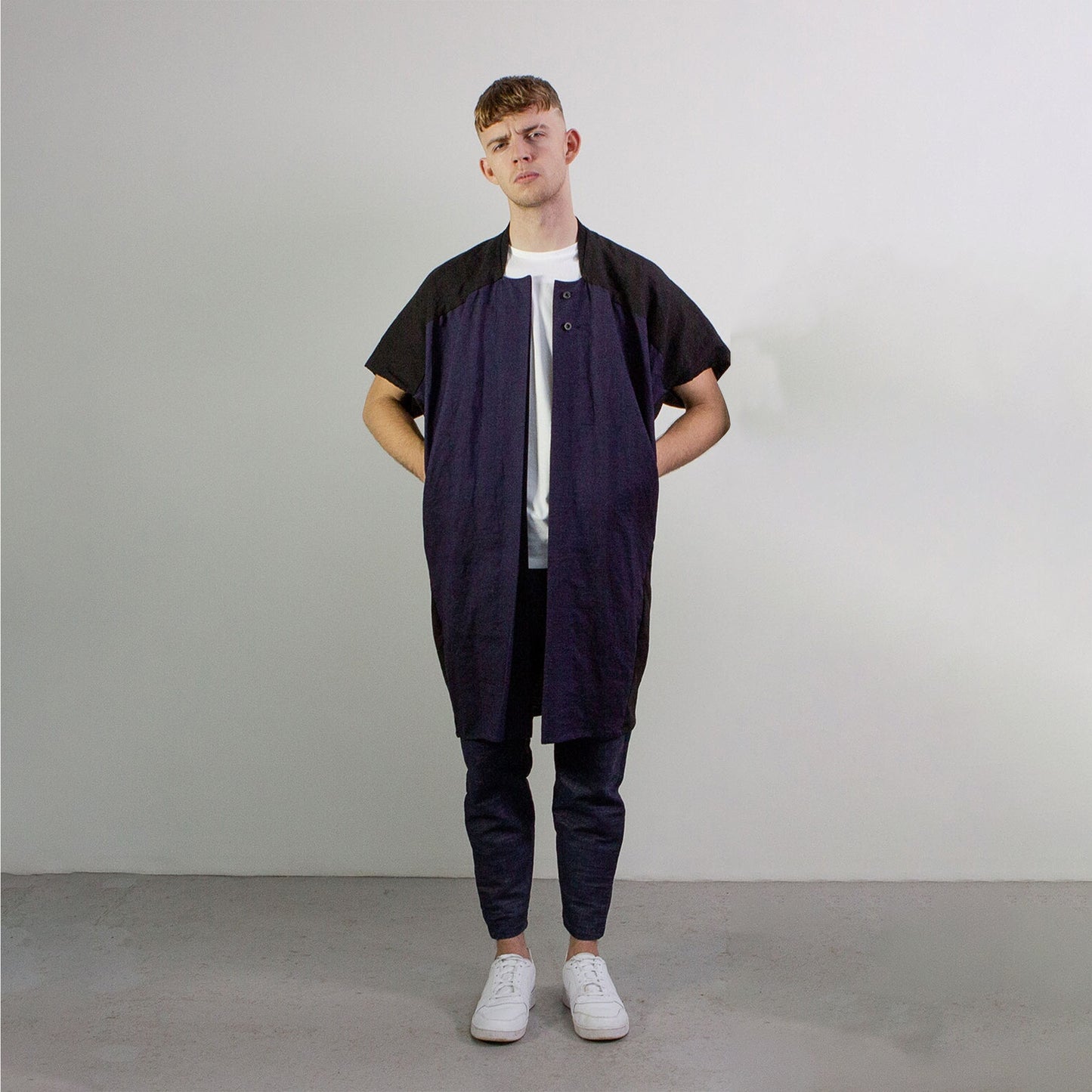 Man wearing The Costume Room navy and black 100% Pure Irish Linen Cocoon Long Jacket