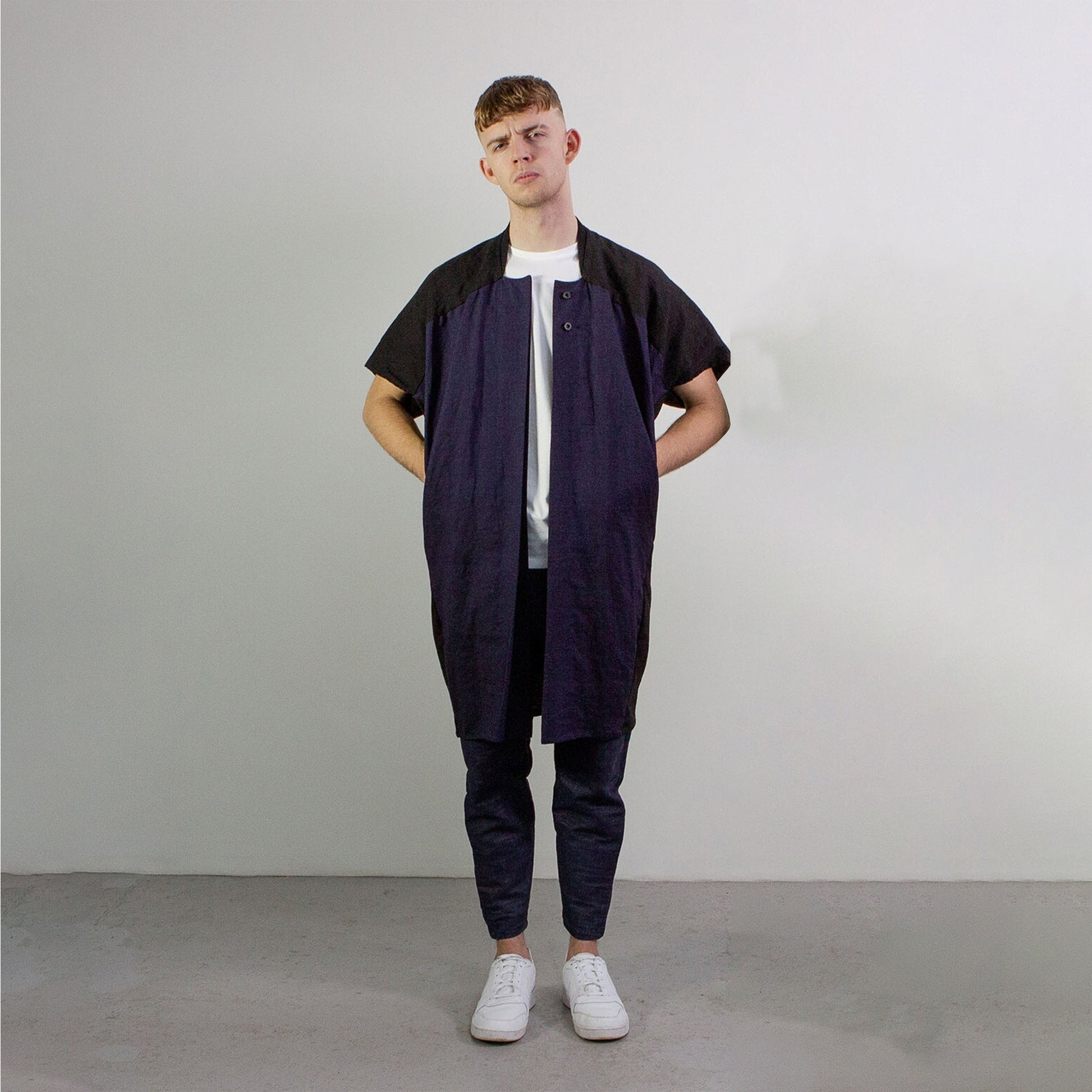 Man wearing The Costume Room navy and black 100% Pure Irish Linen Cocoon Long Jacket