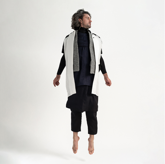Man wearing The Costume Room black and white 100% Pure Irish Linen Cocoon Long Jacket