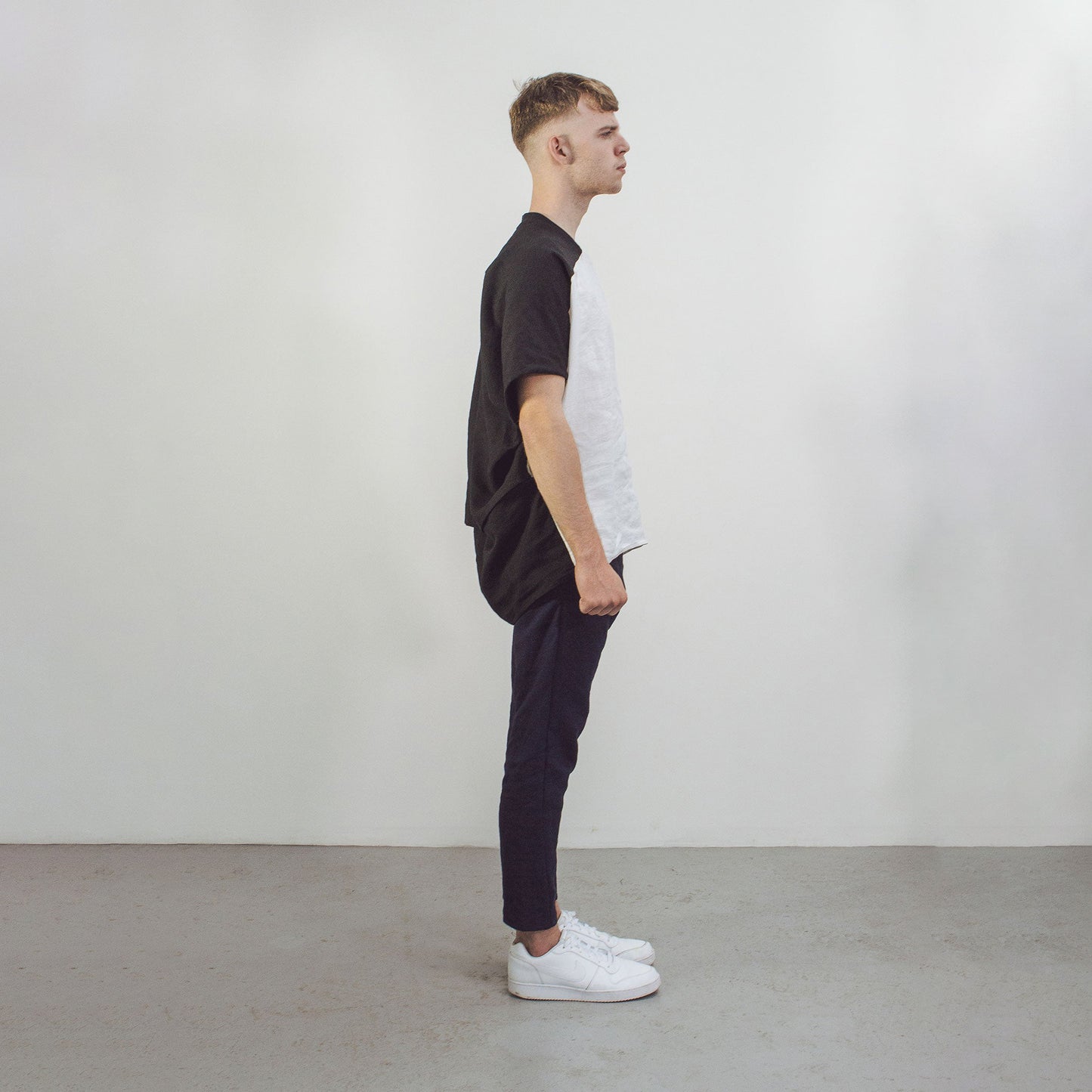 Man wearing The Costume Room black and white Linen Cocoon Top with pockets-monochrome-gender-neutral