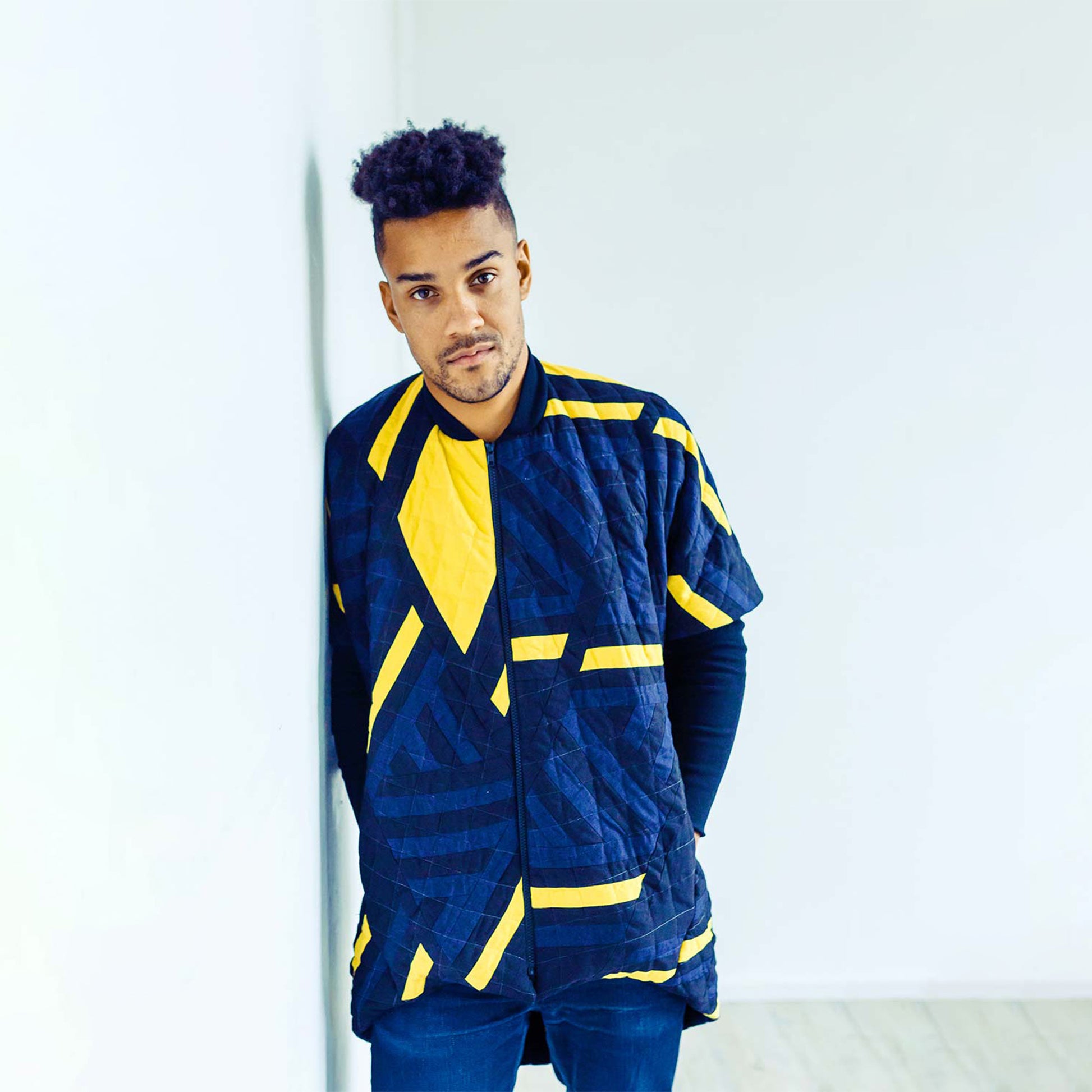 Man wearing The Costume Room 100% Pure Irish Linen Patchwork Cocoon Coat-sustainable-luxury