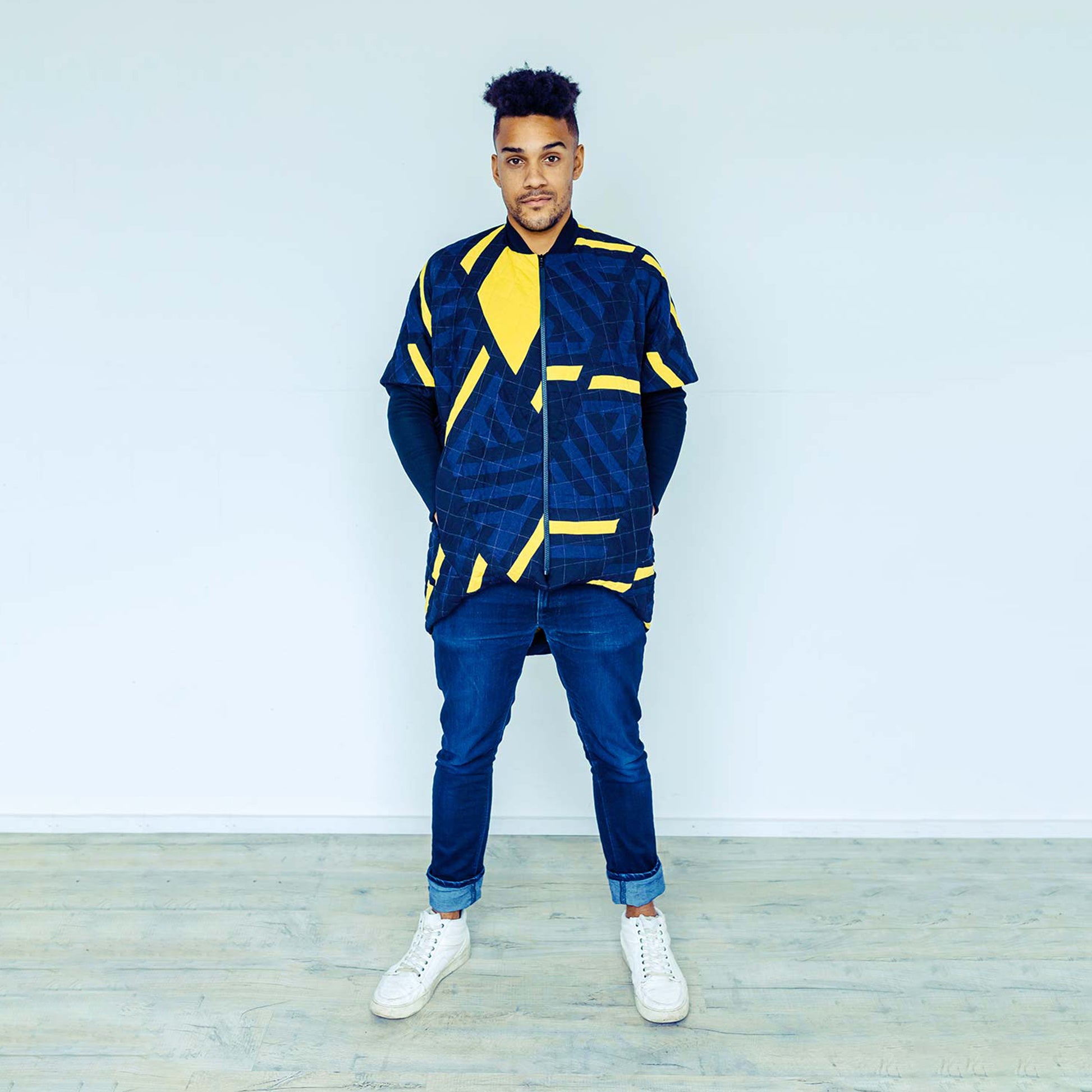 Man wearing The Costume Room 100% Pure Irish Linen Patchwork Cocoon Coat-sustainable-luxury