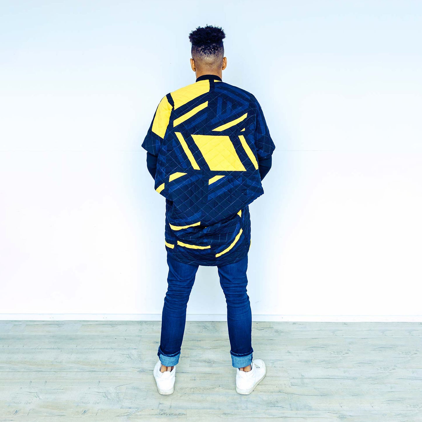 Man wearing The Costume Room 100% Pure Irish Linen Patchwork Cocoon Coat-sustainable-luxury