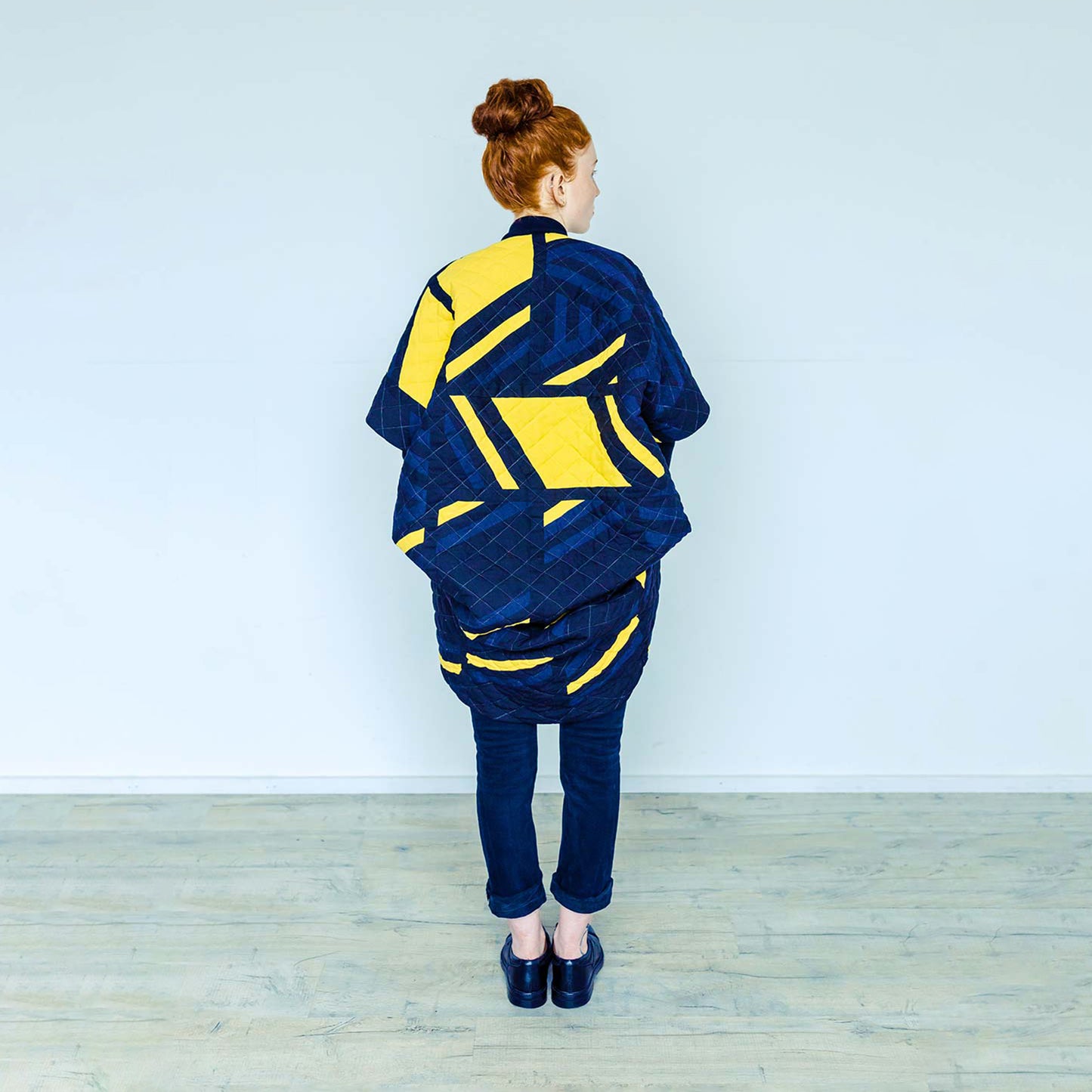 Woman wearing The Costume Room 100% Pure Irish Linen Patchwork Cocoon Coat-sustainable-luxury