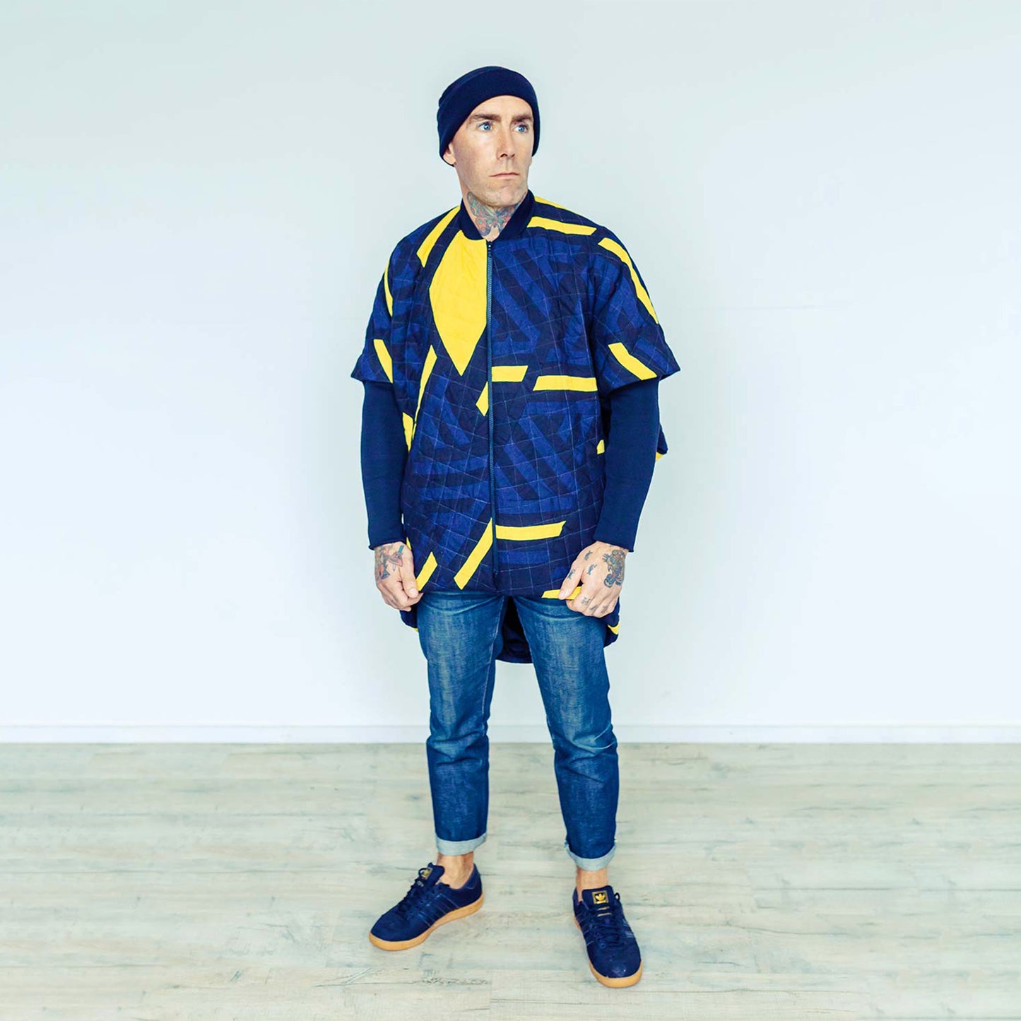 Man wearing The Costume Room 100% Pure Irish Linen Patchwork Cocoon Coat-sustainable-luxury