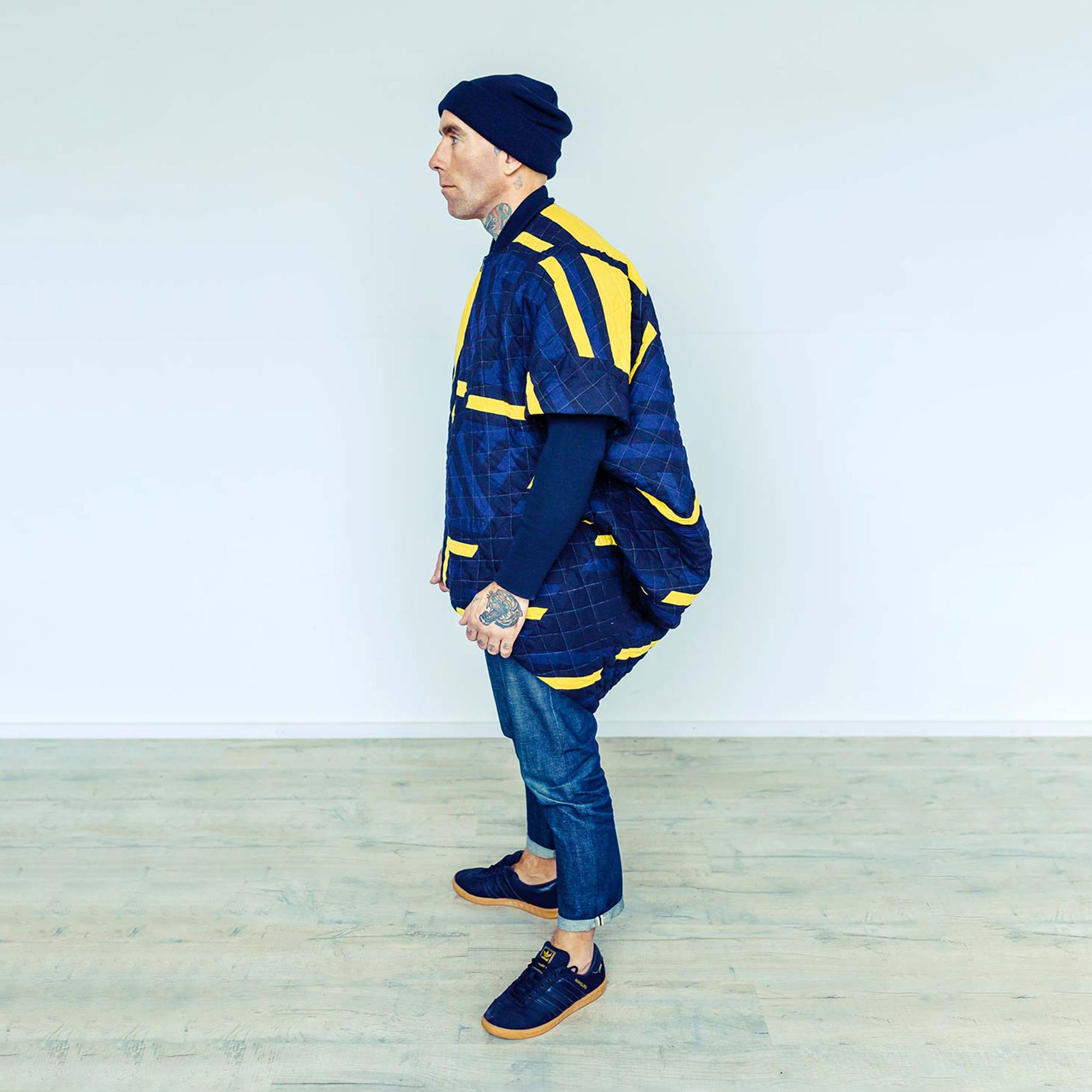 Man wearing The Costume Room 100% Pure Irish Linen Patchwork Cocoon Coat-sustainable-luxury