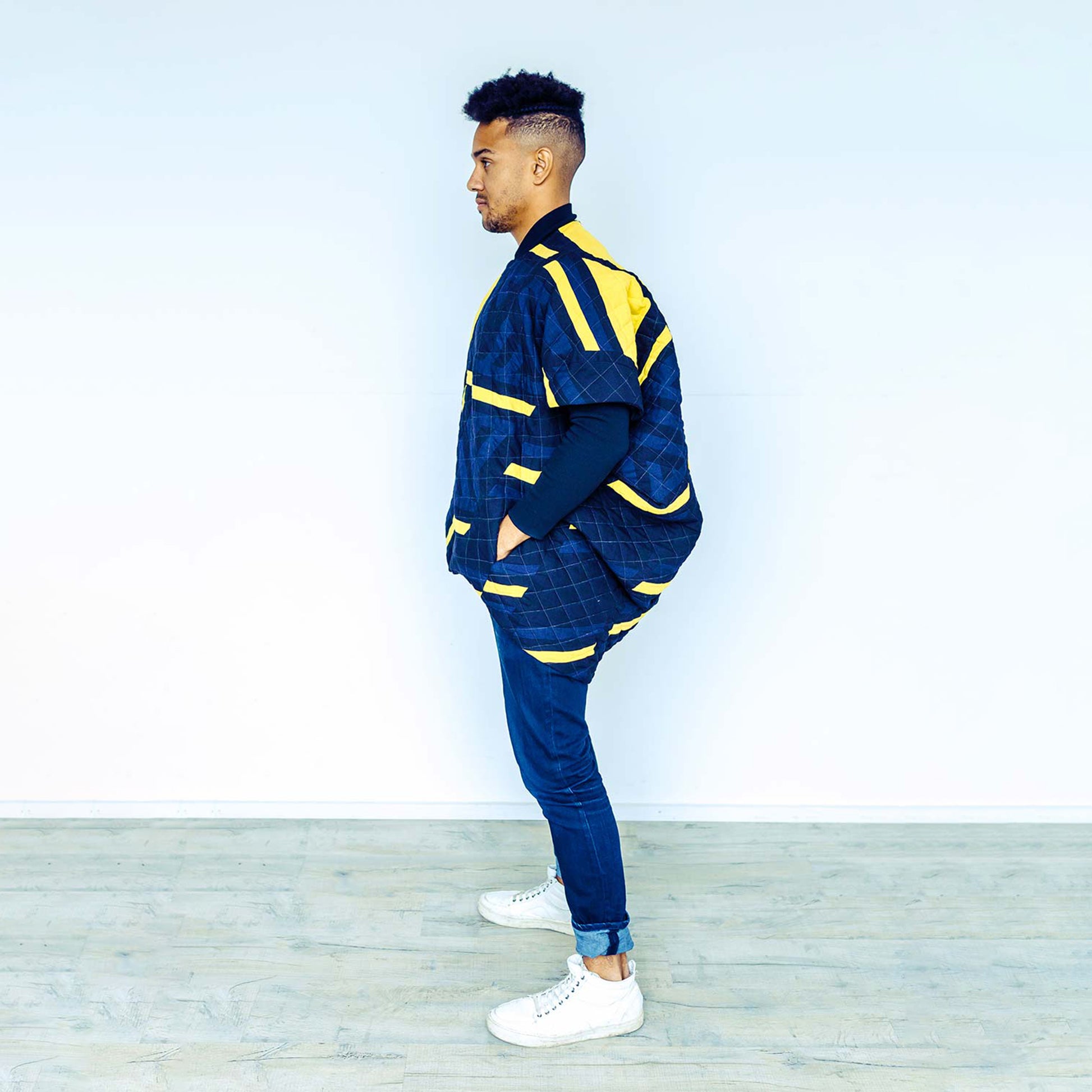 Man wearing The Costume Room 100% Pure Irish Linen Patchwork Cocoon Coat-sustainable-luxury