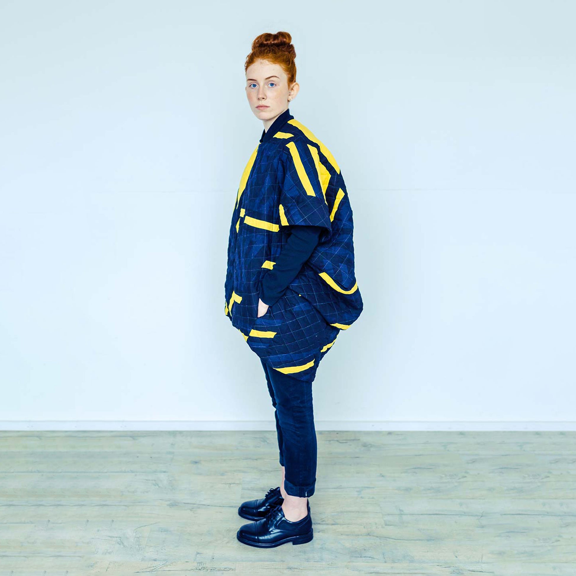 Woman wearing The Costume Room 100% Pure Irish Linen Patchwork Cocoon Coat-sustainable-luxury