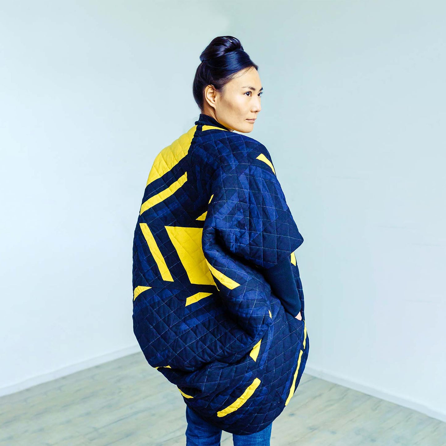 Woman wearing The Costume Room 100% Pure Irish Linen Patchwork Cocoon Coat-sustainable-luxury