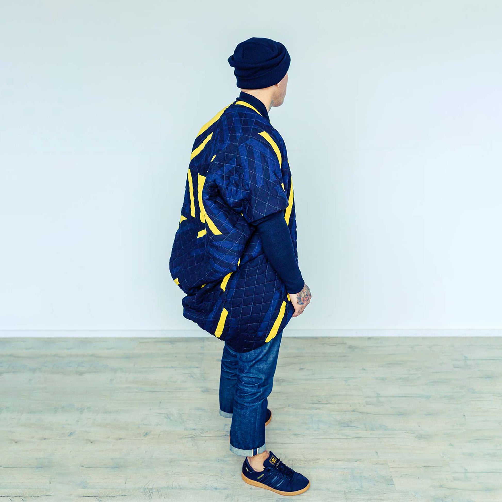 Man wearing The Costume Room 100% Pure Irish Linen Patchwork Cocoon Coat-sustainable-luxury