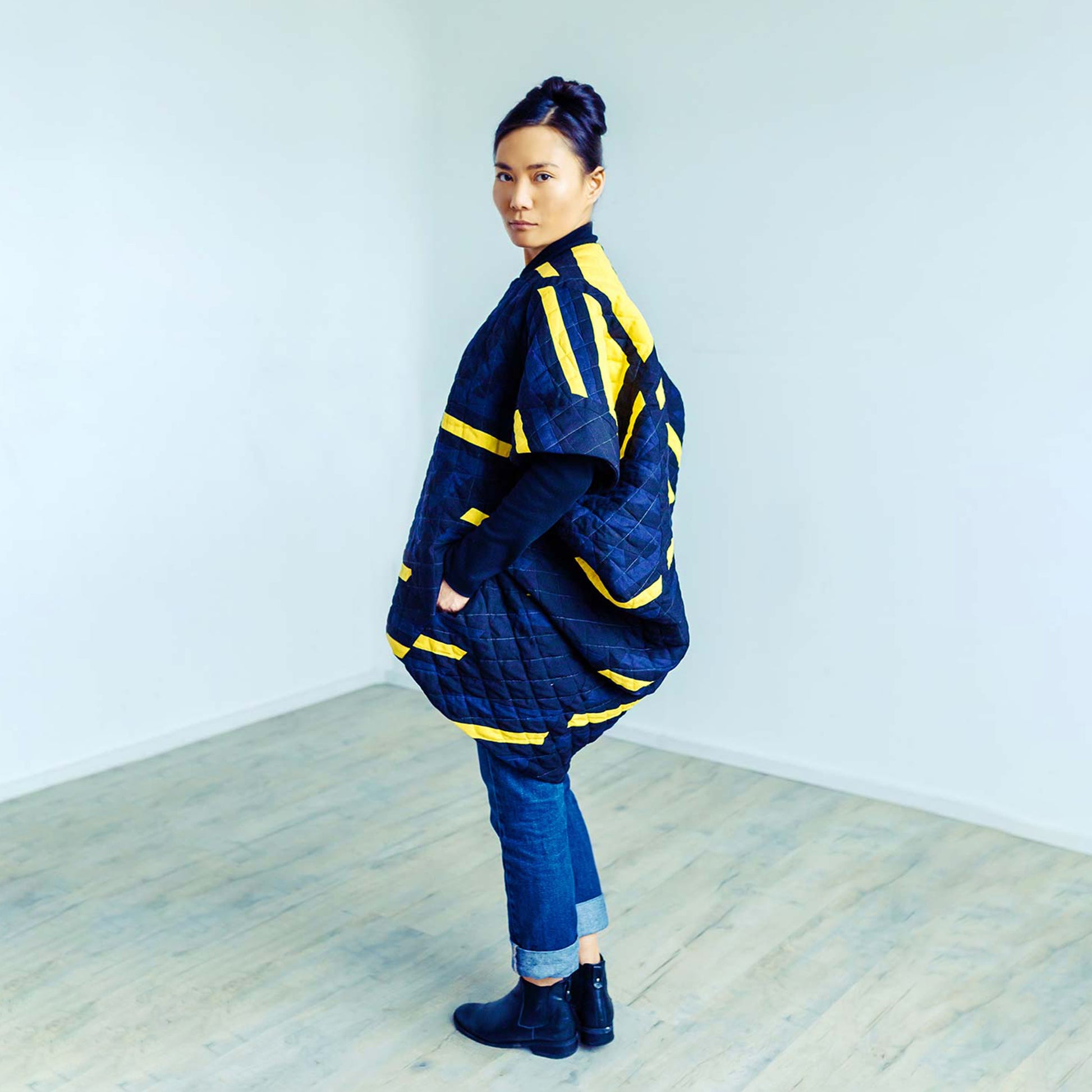 Woman wearing The Costume Room 100% Pure Irish Linen Patchwork Cocoon Coat-sustainable-luxury