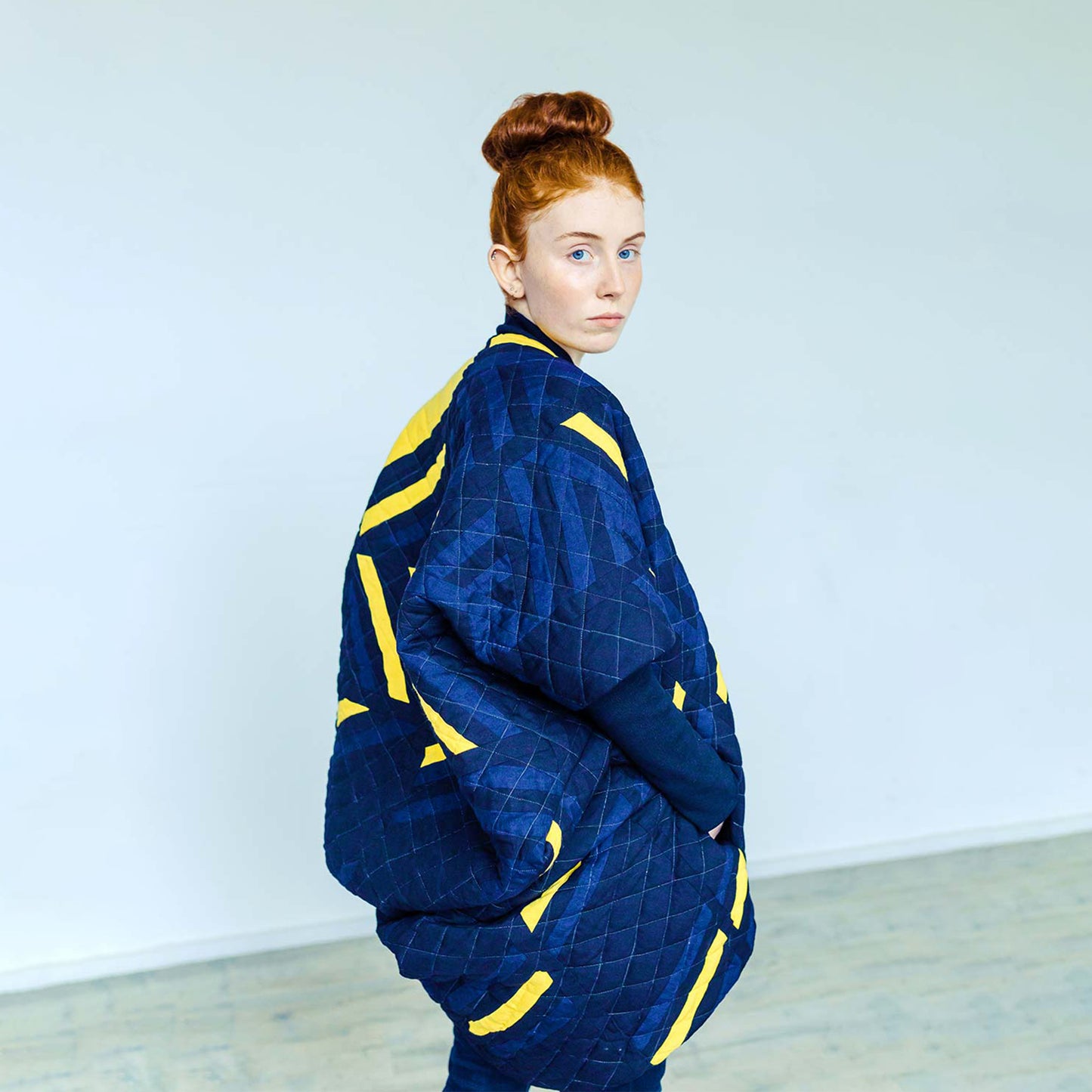 Woman wearing The Costume Room 100% Pure Irish Linen Patchwork Cocoon Coat-sustainable-luxury