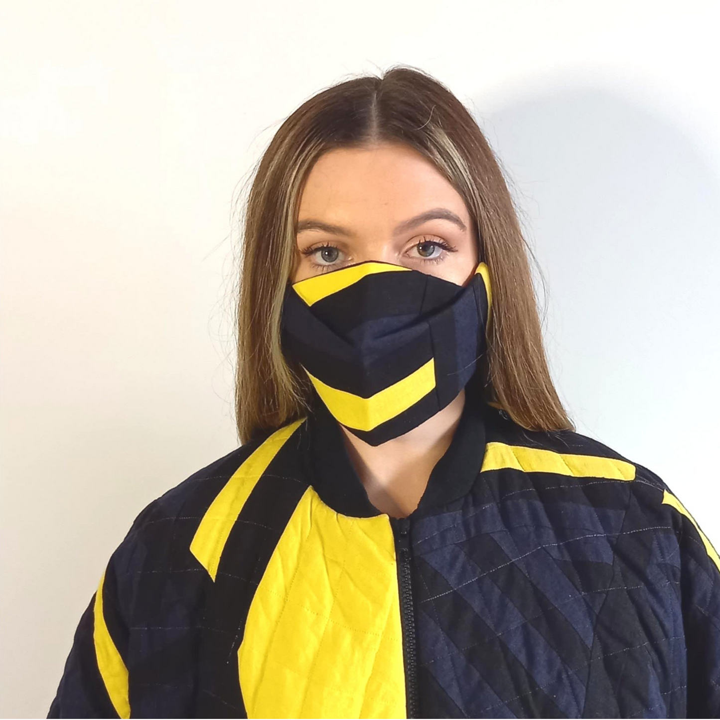 Woman wearing The Costume Room Irish Linen Patchwork Origami Face Covering-mask-accessories