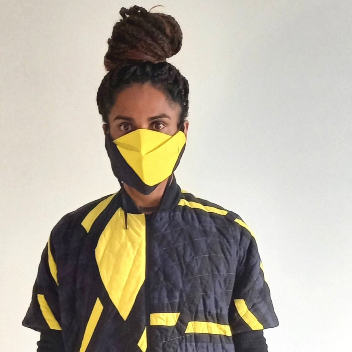 Man wearing The Costume Room Irish Linen Patchwork Origami Face Covering-mask-accessories