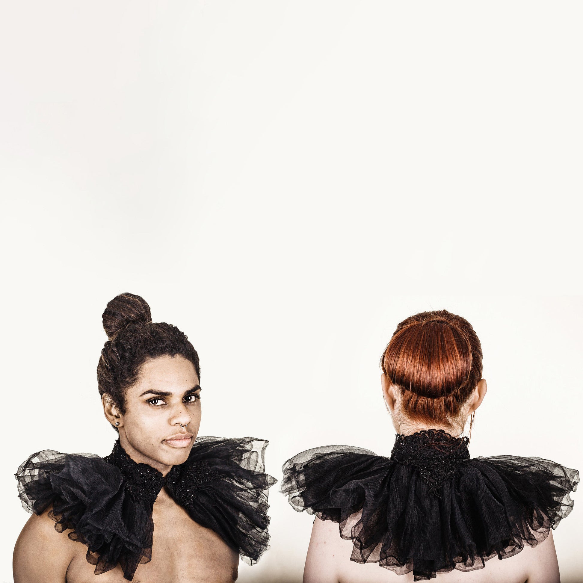 Woman and man wearing The Costume Room The Lady K black Linen collar with alençon lace and tulle