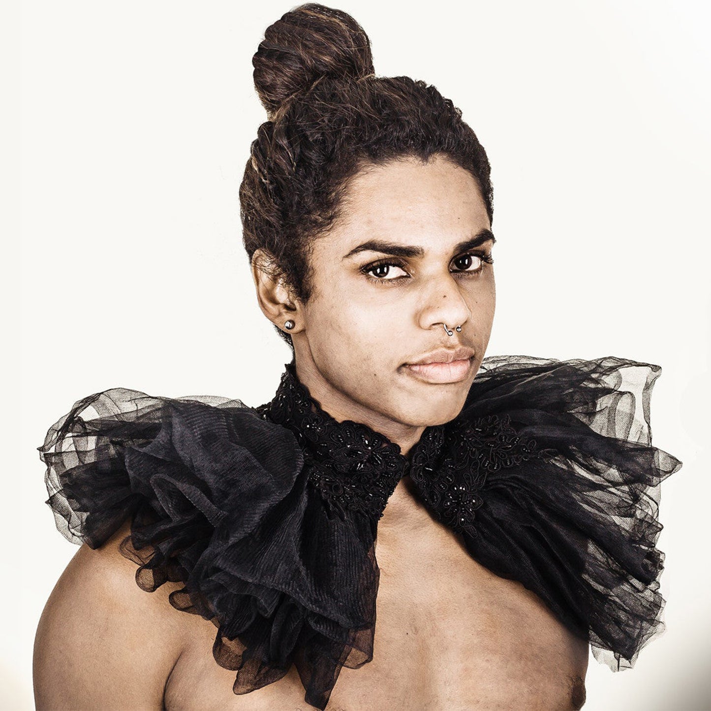 Man wearing The Costume Room The Lady K black Linen collar with alençon lace and black tulle