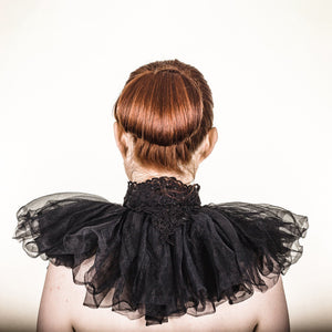 Woman wearing The Costume Room The Lady K black Linen collar with alençon lace and black tulle