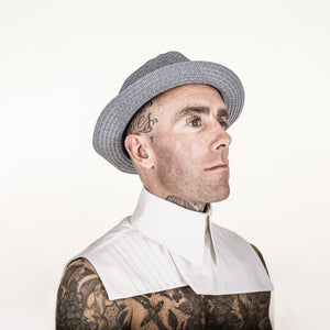 Tattooed Man wearing The Costume Room The Matthias J white linen pointed collar