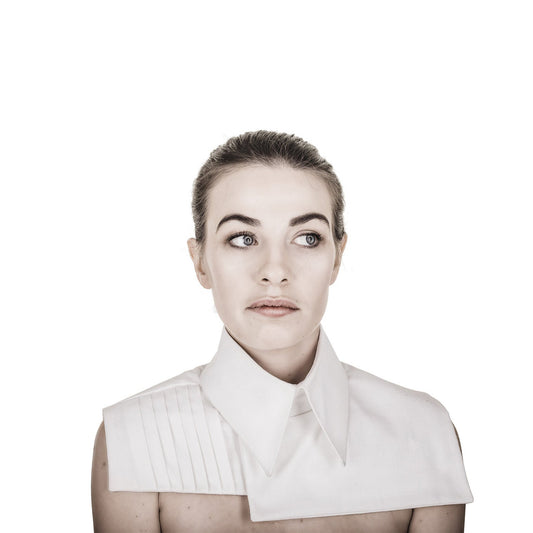 Woman wearing The Costume Room The Matthias J white linen pointed collar
