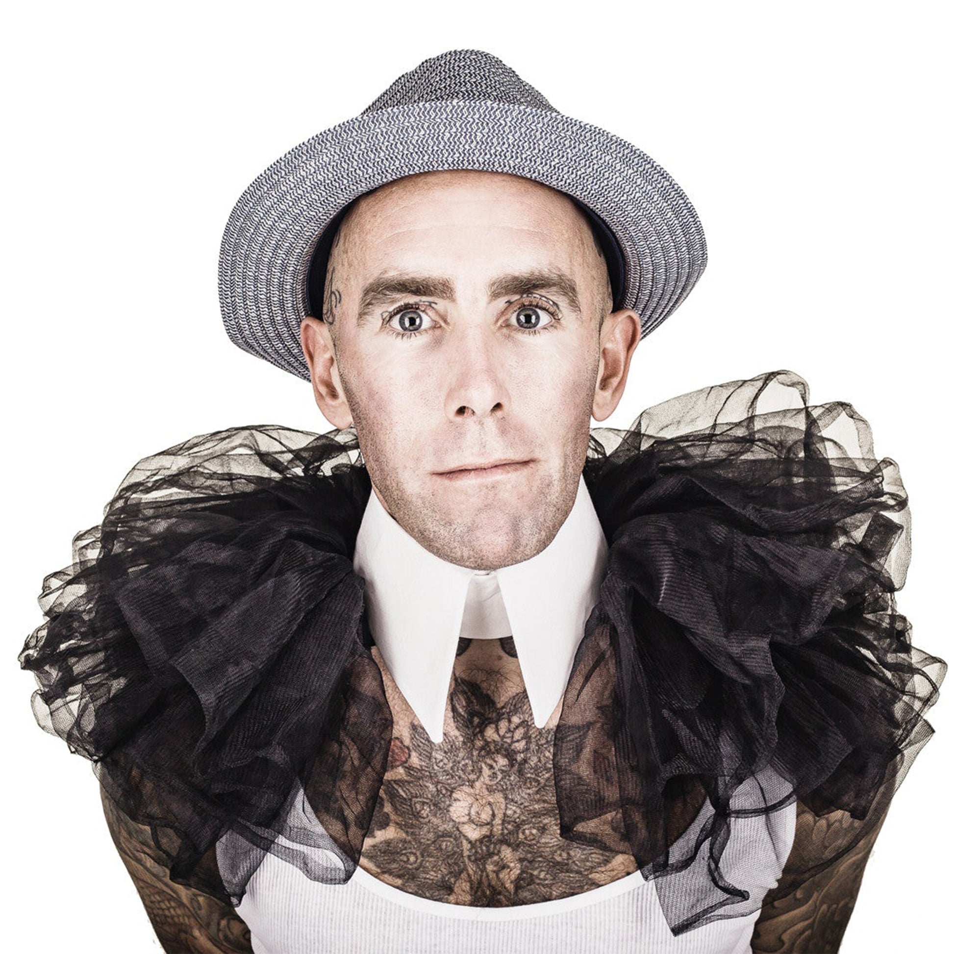 Man wearing The Costume Room The Gabrielle collar has a white linen pointed collar with black tulle