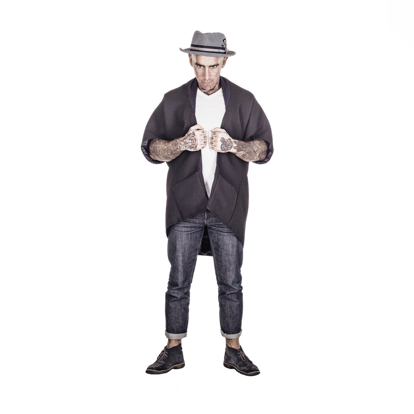 Man wearing The Costume Room The Iris kimono style black waffle weave coat with navy blue collar