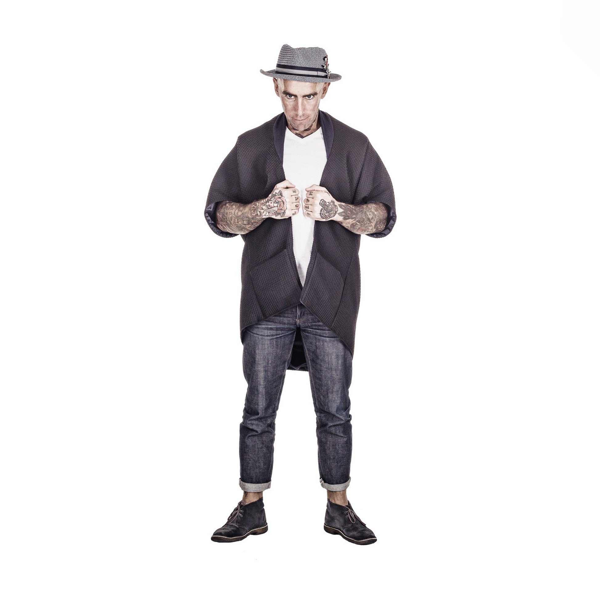 Man wearing The Costume Room The Iris kimono style black waffle weave coat with navy blue collar